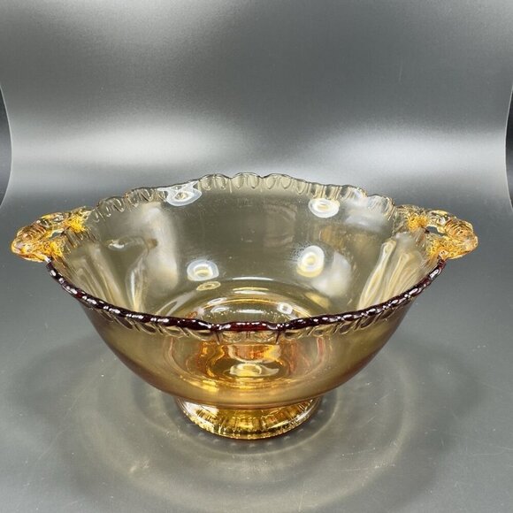 Vintage Gadroon Edges Amber Glass Footed Dish Bowl Container With Handles VTG - Picture 9 of 12